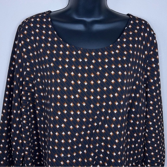 LARGE APT 9 BLACK BROWN WHITE SQUARE PRINT ART DECO BLOUSE STRETCH - Picture 2 of 12